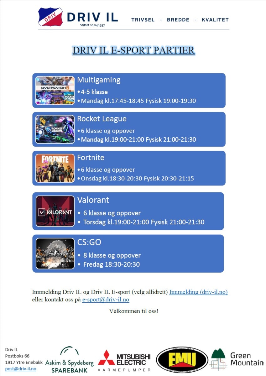 Ledige partier på Driv E-sport høst/vår 2024